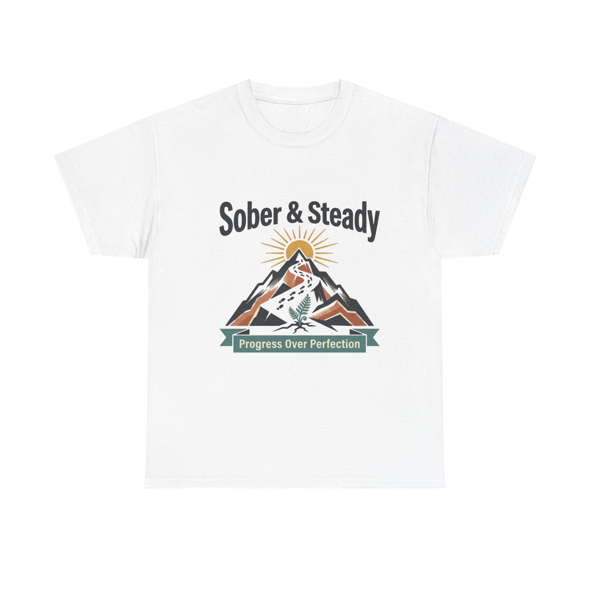 White t-shirt with mountain graphic and "Progress Over Perfection" text — Sober & Steady recovery tee by Sober Gear