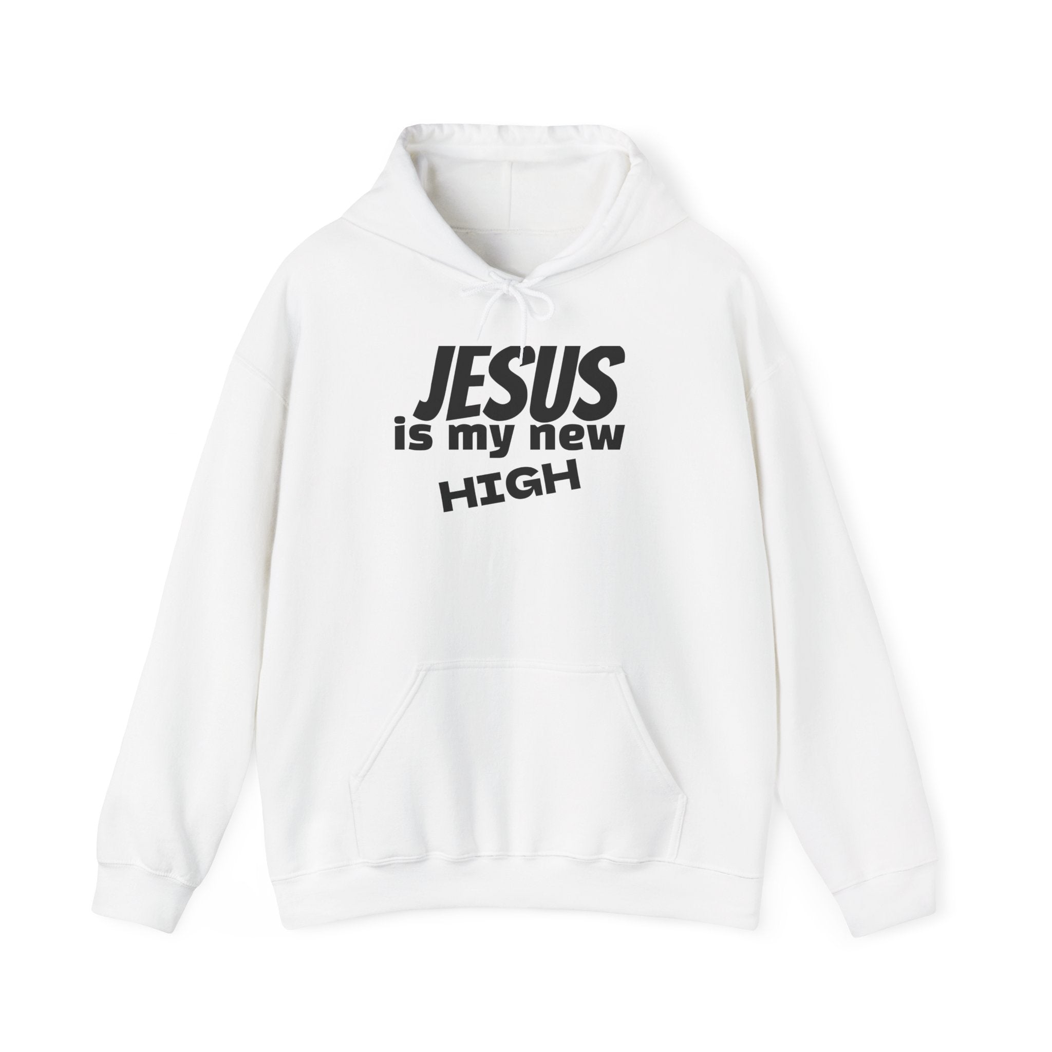 Black pullover hoodie with "Jesus Is My New High" faith graphic — Christian sobriety hoodie by Sober Gear