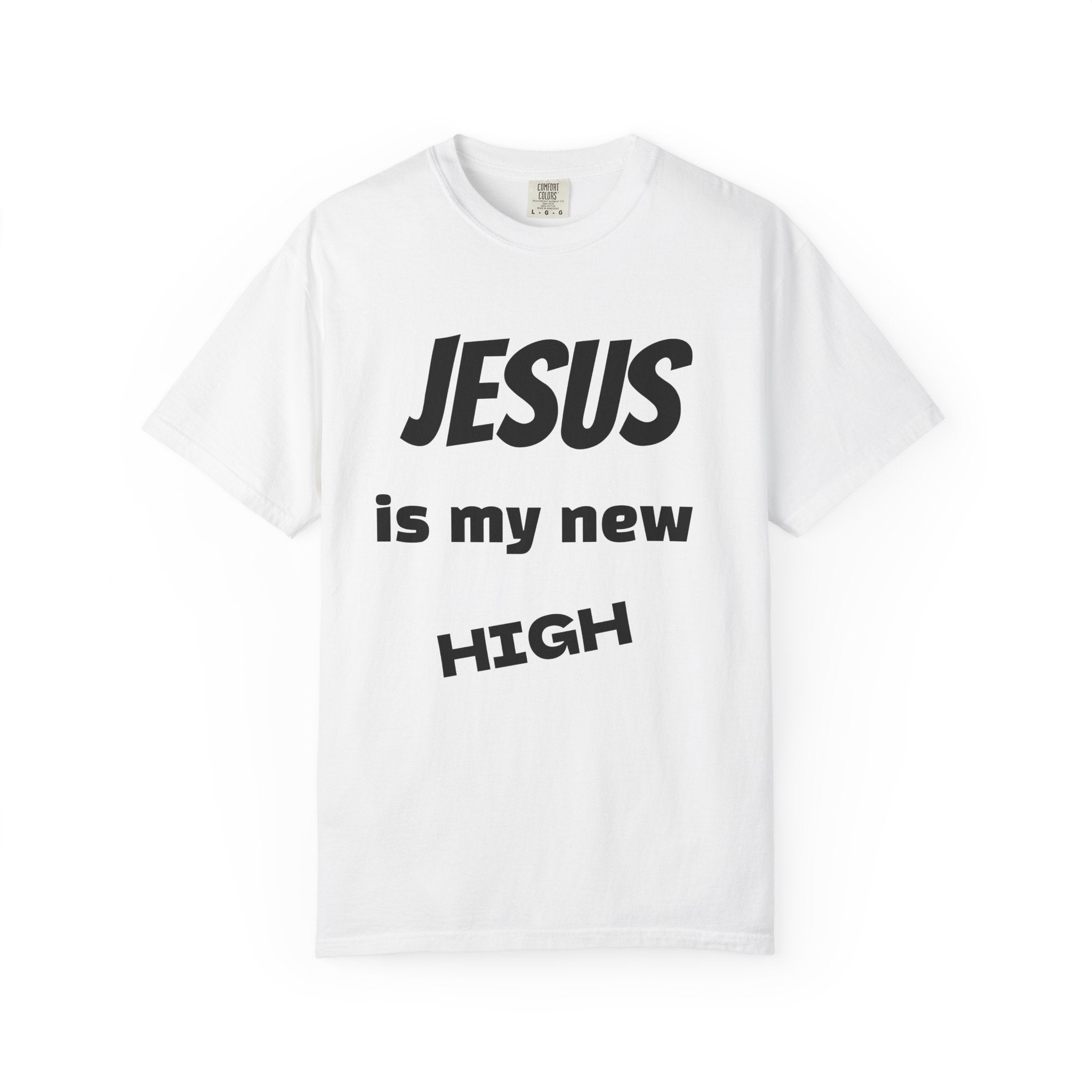 Black t-shirt with bold "Jesus Is My New High" Christian faith graphic — sobriety apparel by Sober Gear