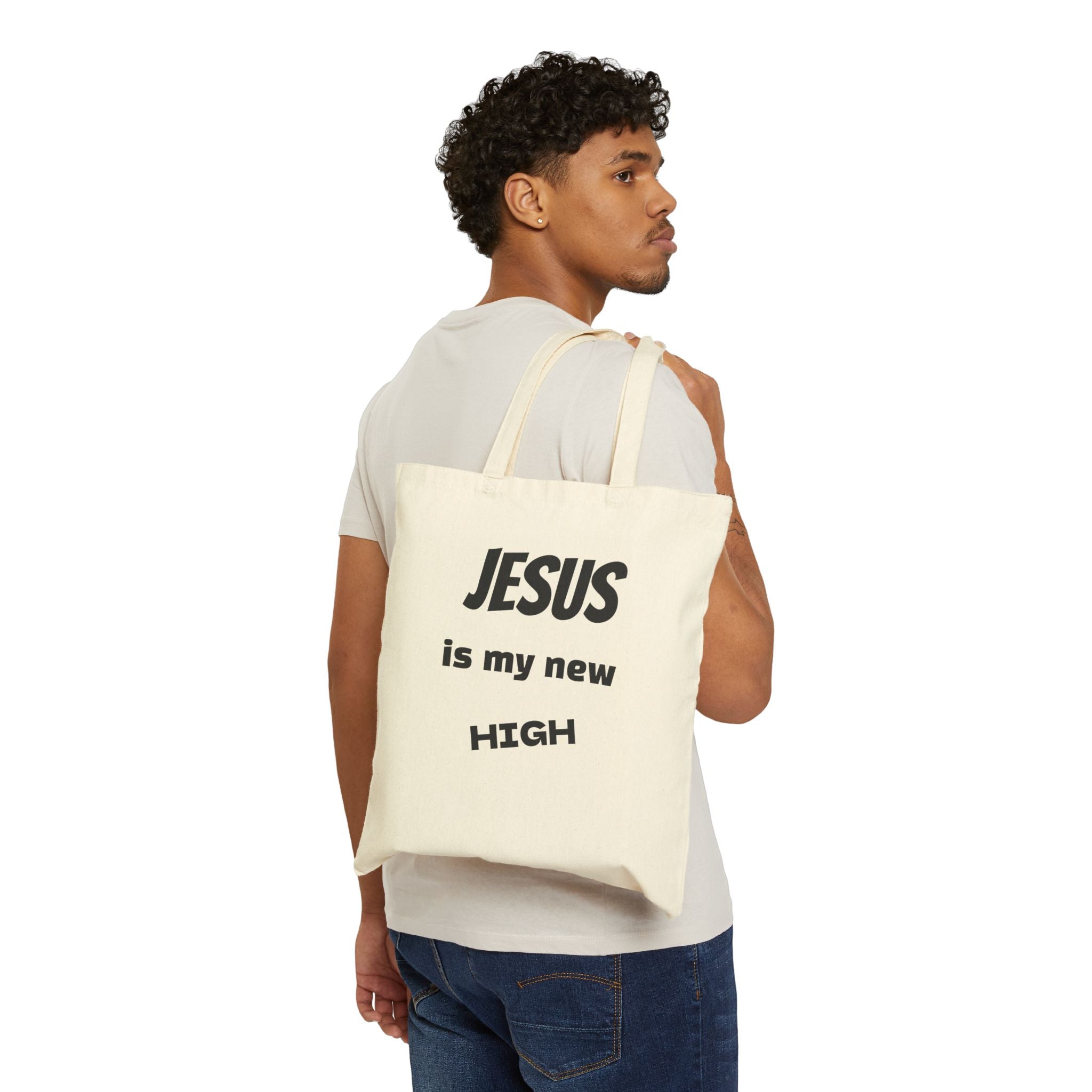 Jesus Is My New High Canvas Tote Bag | Christian Sobriety Accessory