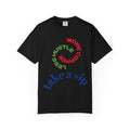White graphic t-shirt with circular "Less Hustle, More Coffee" design — Take a Sip tee by Sober Gear