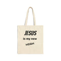Canvas tote bag with "Jesus Is My New High" Christian sobriety graphic by Sober Gear